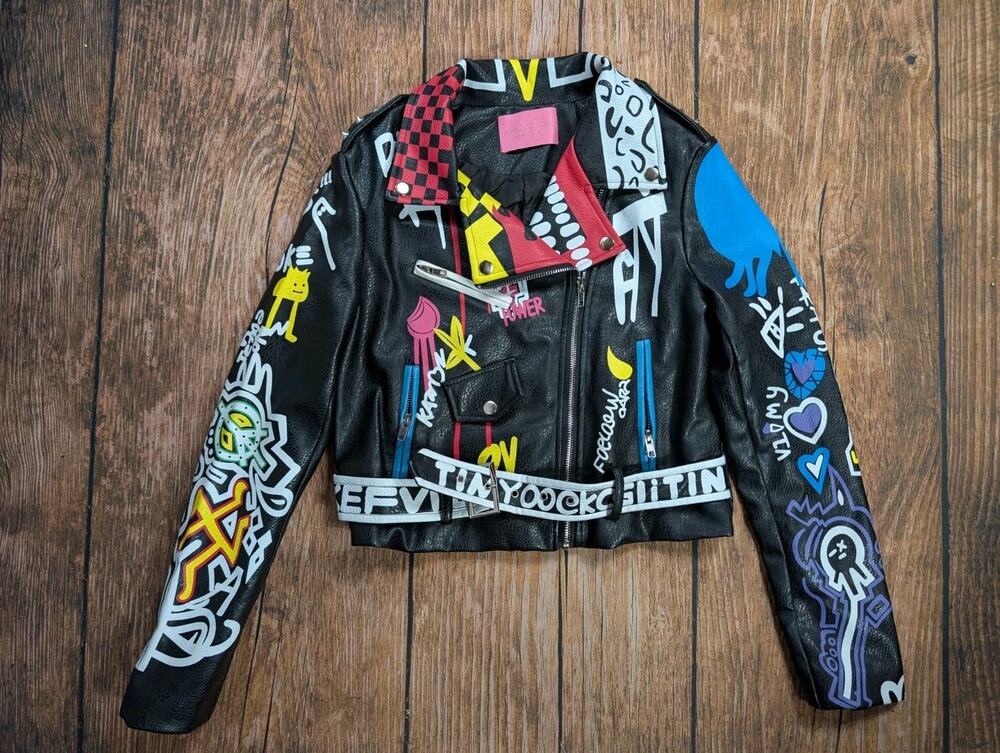 Azalea Wang Jacket Womens Small Black Moto Crop Print Graffiti Faux Leather AOP